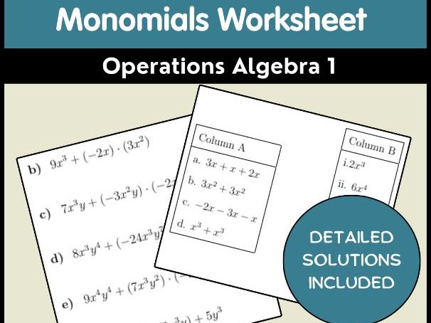 Add Subtract Multiply Divide Monomials Worksheet | Operations Algebra 1