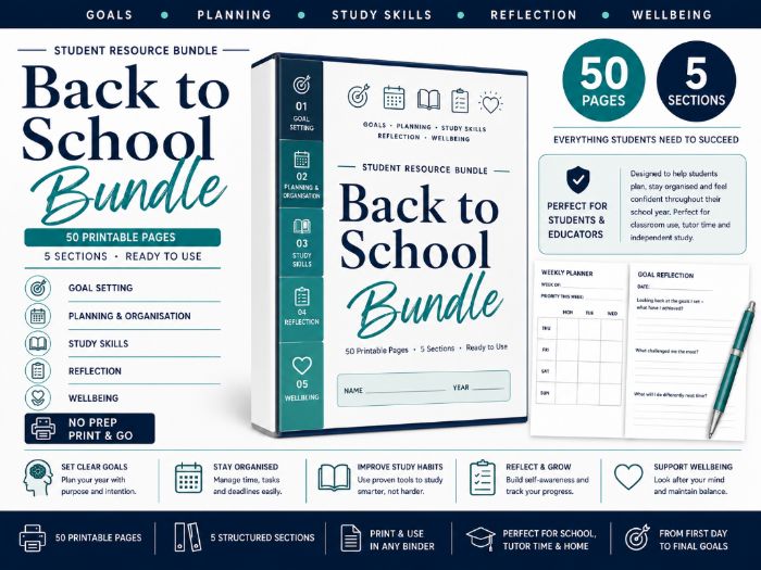 Student Back to School Binder | Planner, Study Skills & Wellbeing Pages
