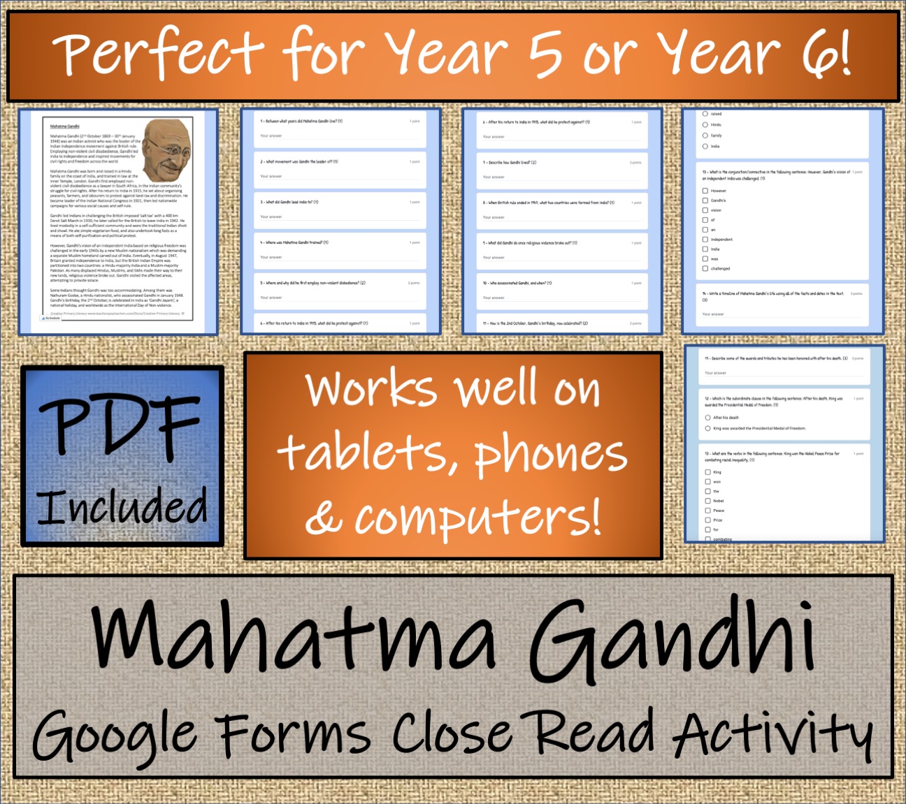 UKS2 Mahatma Gandhi Reading Comprehension & Distance Learning Activity