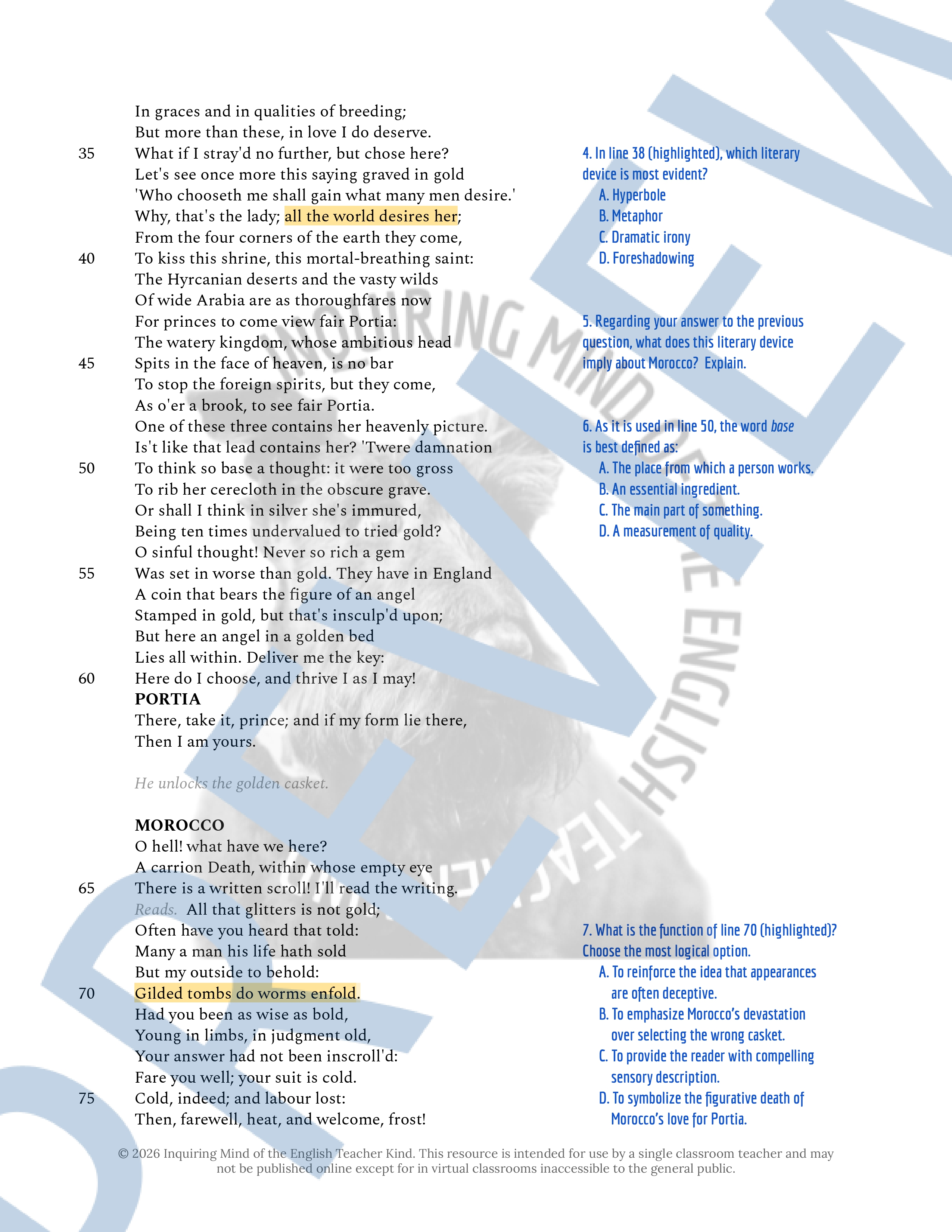 The Merchant of Venice Act 2 Scene 7 Close Reading Analysis Worksheet ...