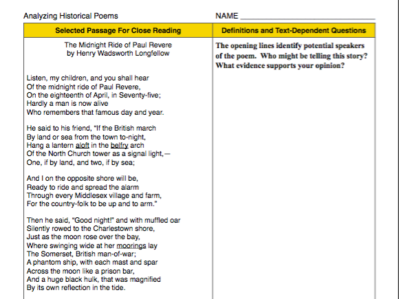 The Midnight Ride of Paul Revere Close Reading