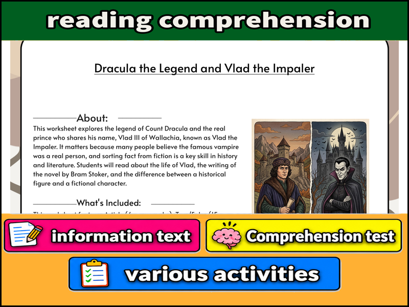 Dracula the Legend and Vlad the Impaler  & Comprehension Test