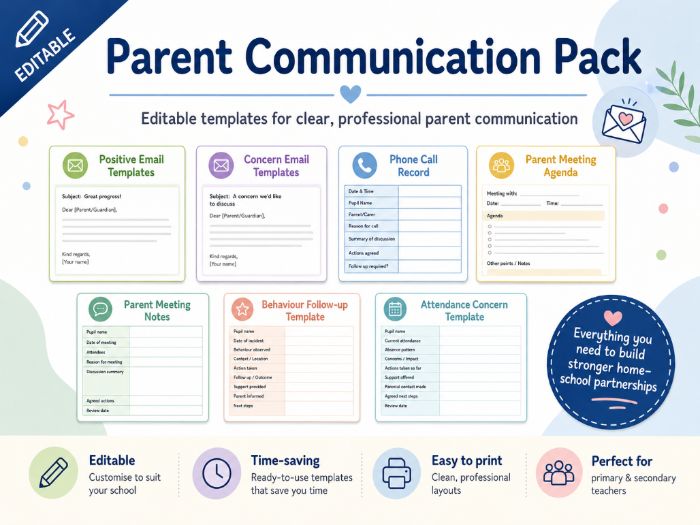 Parent Communication Pack | Editable Email Templates, Meeting Notes and Contact Logs