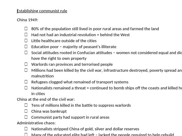 A-level Edexcel History Topic/Theme 1 China Notes - Establishing Communist Rule