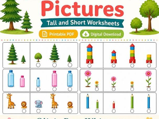 Tall And Short Pictures | Tall and Short Worksheets | Printable PDF | Digital Download