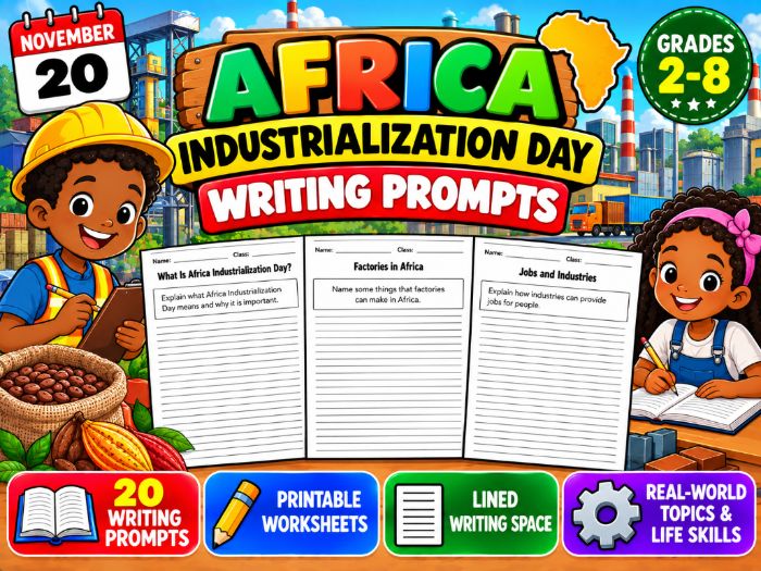 Africa Industrialization Day Writing Prompts | 20 Printable Worksheets