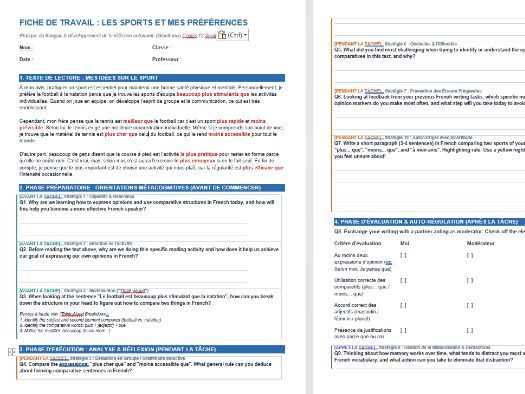 Empowering French Learners: A 12-Step Metacognitive Sports Worksheet