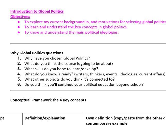 An introduction to Global Politics worksheet and answers (First assessment 2026)