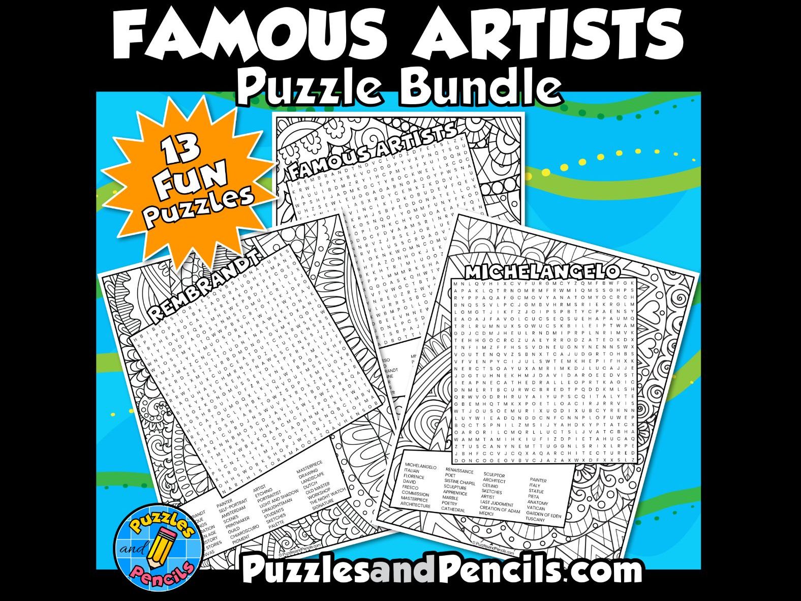 Famous Artists Word Search Puzzle with Colouring BUNDLE