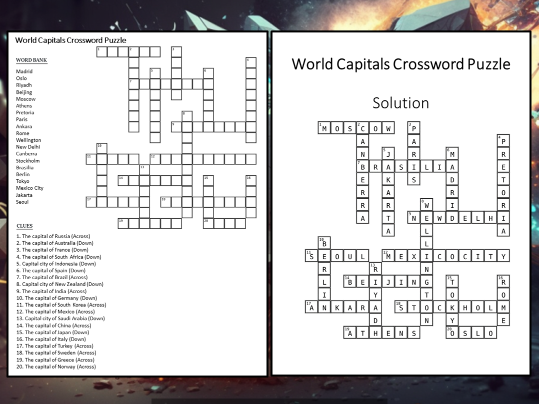 World Capitals Crossword Puzzle Worksheet Activity Teaching Resources