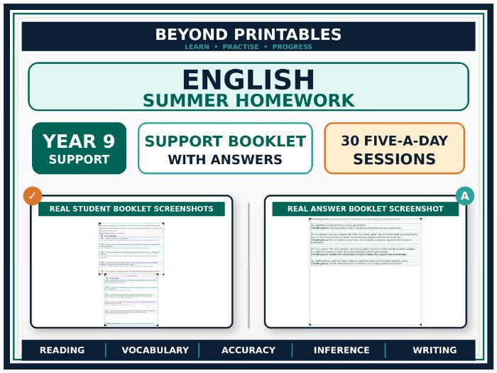 English Summer Homework Booklet Year 9 – Support | 30 Five-a-Day Sessions with Answers