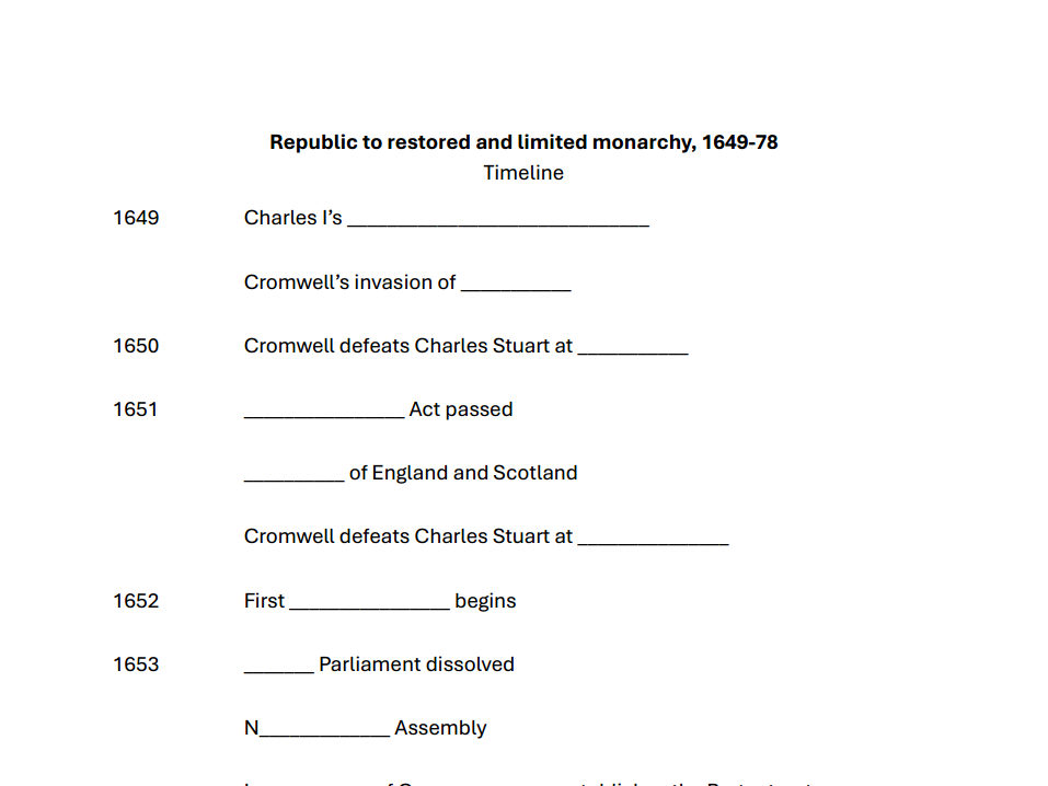 Gap-fill timeline - Republic to restored and limited monarchy 1649-1678 (AQA A-level history Unit 1D