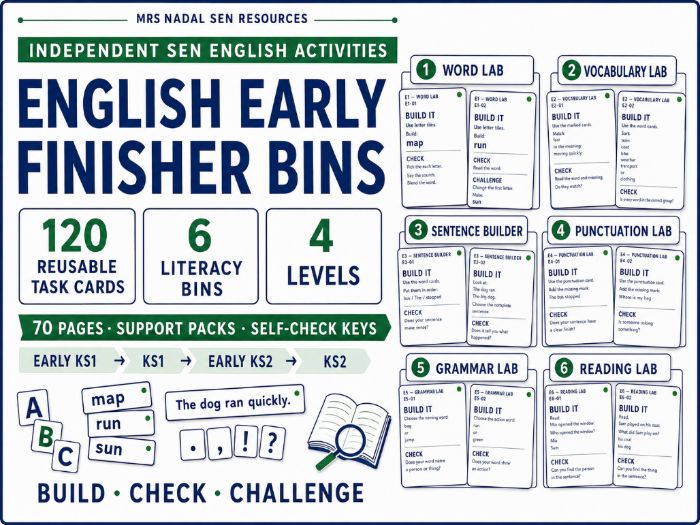 English Early Finisher Activities | 120 SEN Task Cards | 6 Literacy Bins | 4 Levels