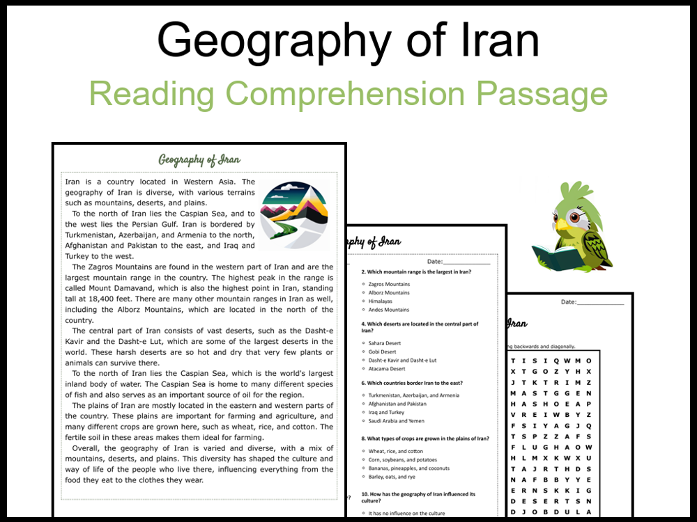 Geography of Iran Reading Comprehension and Word Search Teaching