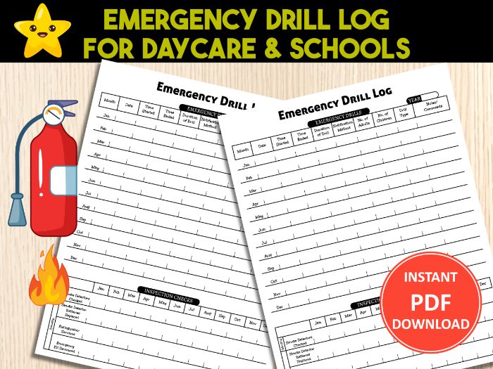 Emergency Evacuation Log | Fire Drill Record Sheet for Daycare, School, & Child Care