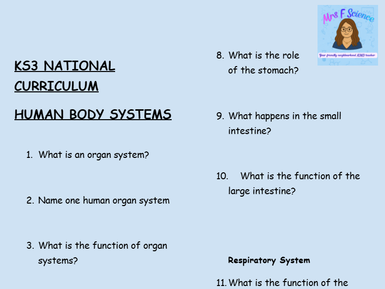 KS3 Science Retrieval Practice – Human Body Systems (30 Questions + Answers)