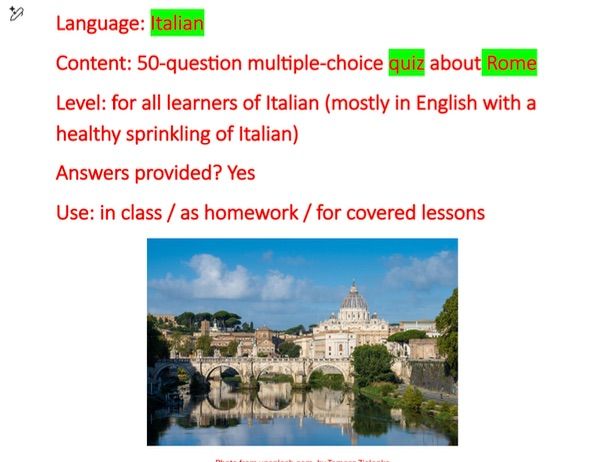 Multiple-choice quiz about Rome for learners of Italian of all ages/stages.
