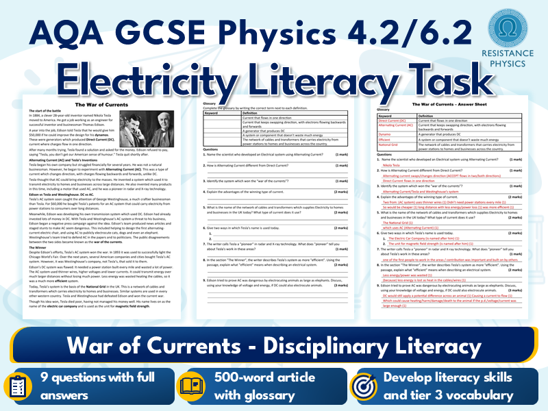 GCSE Physics - War of Currents AC vs DC - Disciplinary Literacy for Science