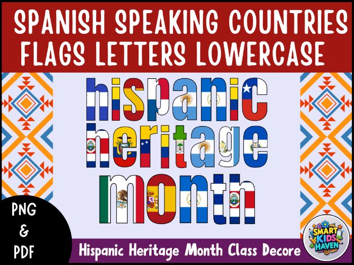 Spanish Speaking Countries Flags Letters Lowercase Alphabet a-z Bulletin Board.