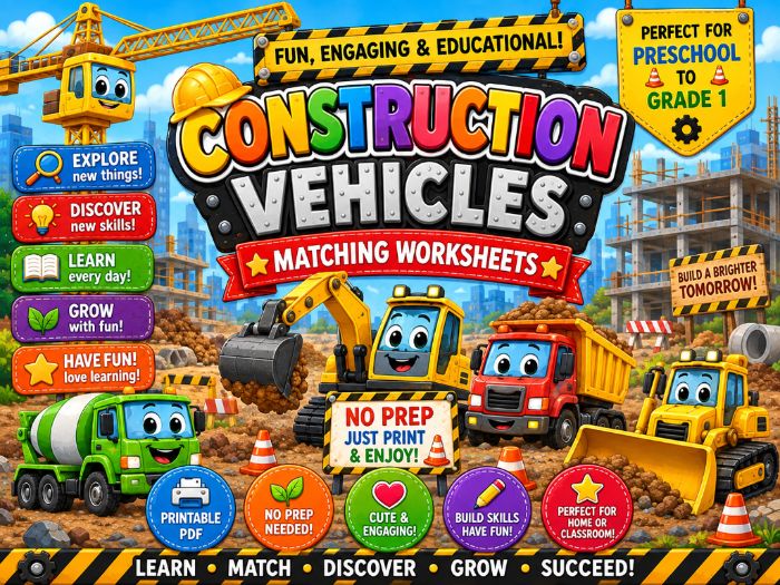 Construction Vehicles Matching Worksheets | Trucks, Letters, Numbers, Shapes & Colors | Preschool–1