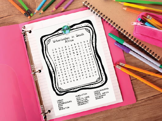 Urbanisation in South Africa WordSearch - Dyslexia friendly