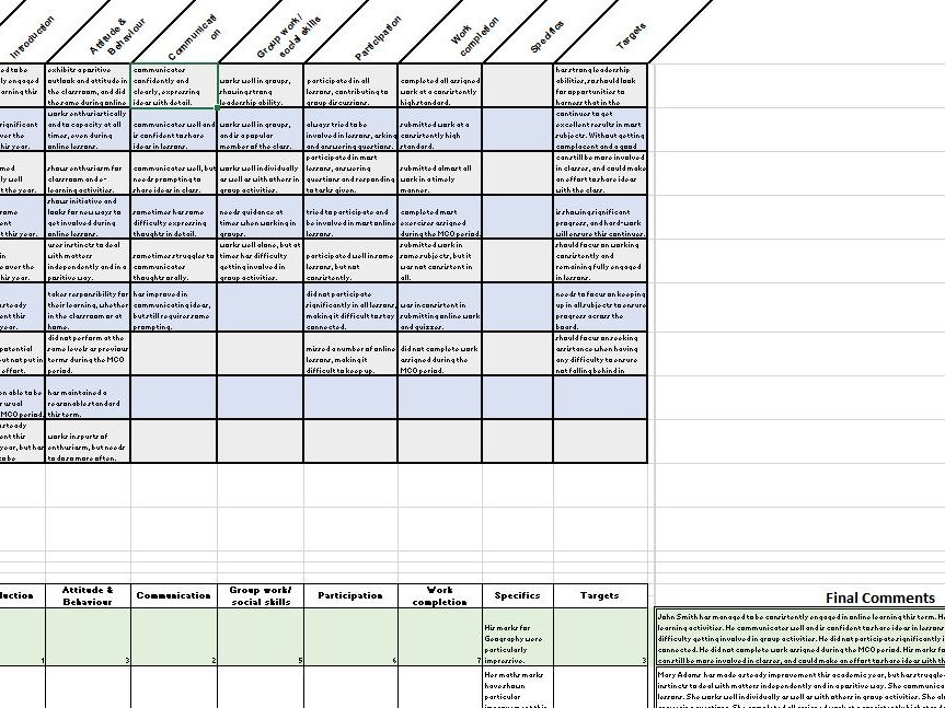 Subject and Tutor Report Comment Generator