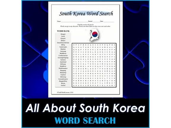 All About South Korea Word Search Puzzle