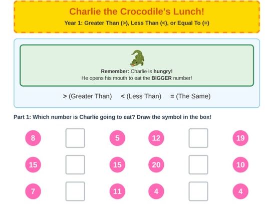 Year 1 Greater then, Less then or Equal to worksheet