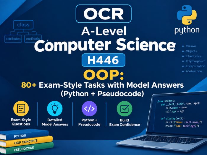 OCR A-Level Computer Science H446 OOP: 80+ Exam-Style Tasks with Model Answers (Python + Pseudocode)