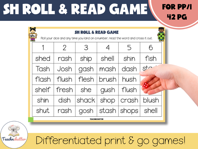 Roll and Read SH Digraph Game Differentiated Phonics Resource Early Years Literacy