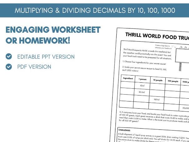 Multiplying Decimals by 10, 100, 1000 | Worksheet Homework Task | Mini Project