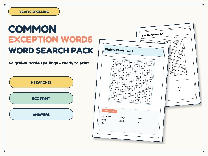 Year 2 Common Exception Words Word Search Pack | 9 Spelling Activities
