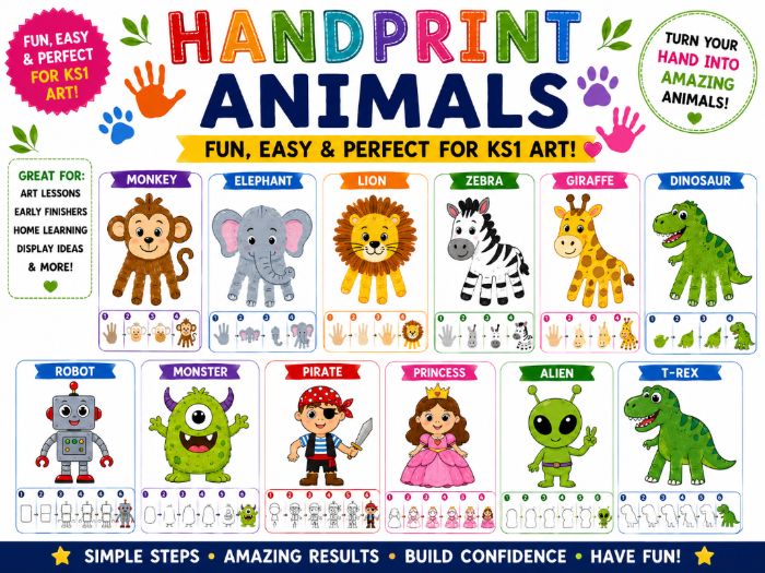 KS1 Art & Directed Drawing Mega Bundle - Handprint Animals, Dinosaurs & Cartoon Characters