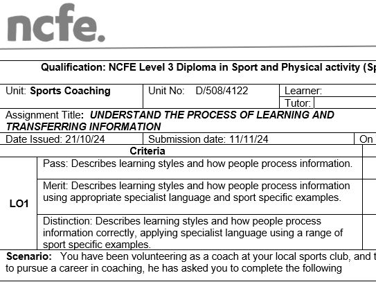 NCFE Level 3 Sports Coaching LO1