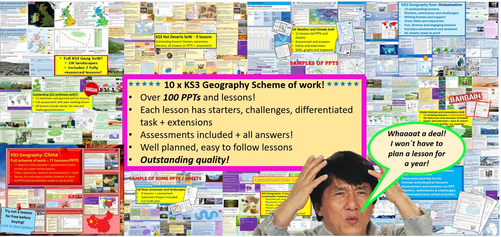 ALL OF MY KS3 GEOGRAPHY RESOURCES!!! 10 x SoW/100+ lessons! Rivers, rainforests, biomes, deserts, weather, landscapes, climate change, China... all for £19.99!