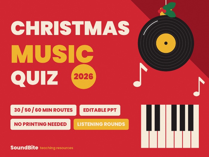 Christmas Music Quiz 2026: 30/50/60 Min Routes, No Printing, Editable PPT + Listening Rounds