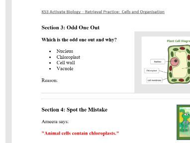 KS3 Activate Biology – Retrieval Practice worksheet: Cells and Organisation