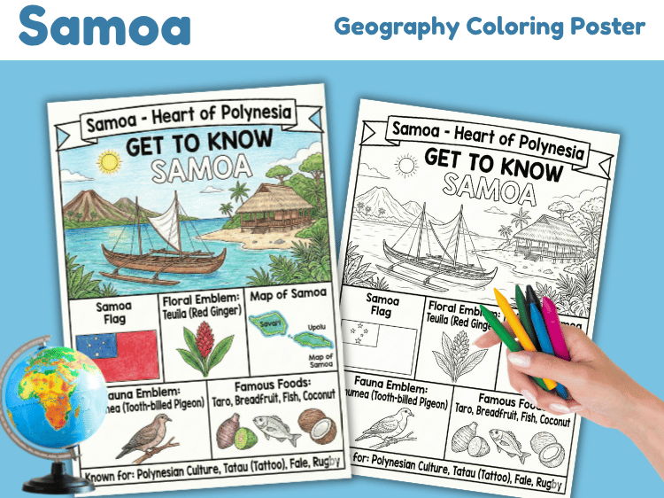Samoa Geography Coloring Poster | Country Facts Worksheet
