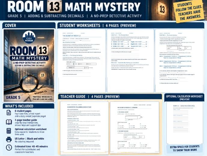 Room 13 Math Mystery | Grade 5 Adding & Subtracting Decimals | No-Prep Sub Plans