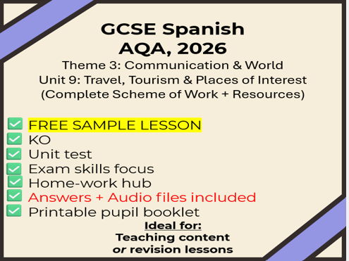 Free Sample -GCSE Spanish: Travel, Tourism & Places of Interest (Theme 3/unit 9 - Holidays AQA,2026)