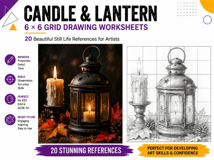 Candles & Lanterns Grid Drawing Worksheets | 20 Art Activities | KS3 KS4 GCSE