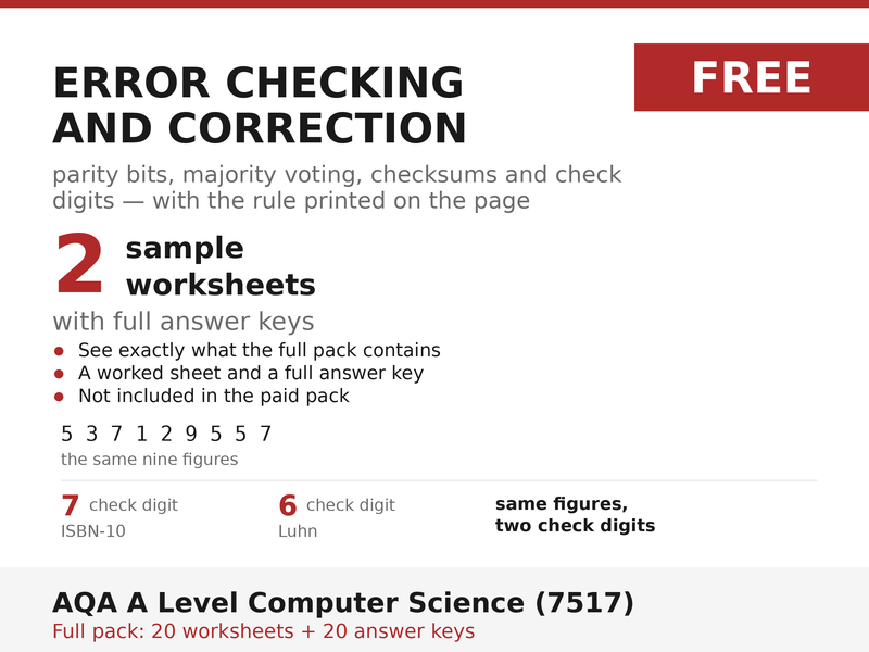 FREE Error Checking Sample: Parity, Checksums & Check Digits | AQA A Level Computer Science 7517 | 2