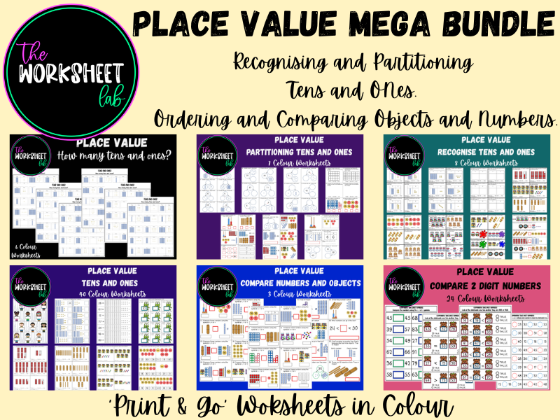 Place Value Worksheets MEGA BUNDLE: Recognising and Partitioning Tens and Ones, Comparing Objects and Numbers