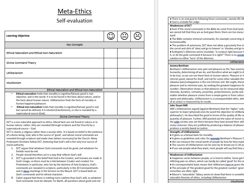 AQA A Level Religious Studies - Self Evaluation Sheets for Y12 and Y13 Ethics Topics