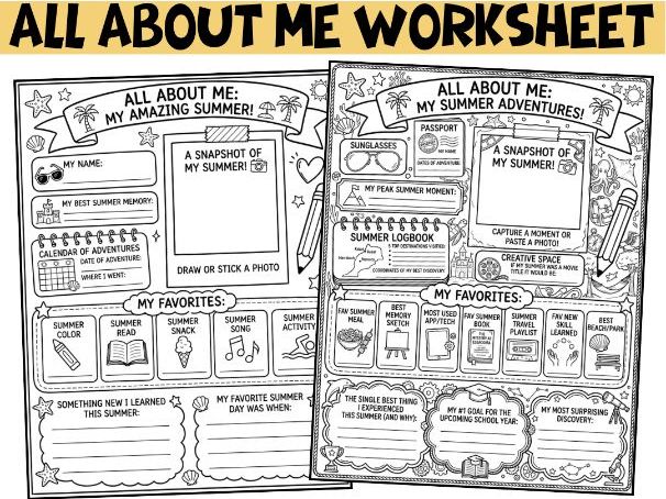 All About Me Summer Worksheet: Back to School Summer Memories Icebreaker Activity Pack