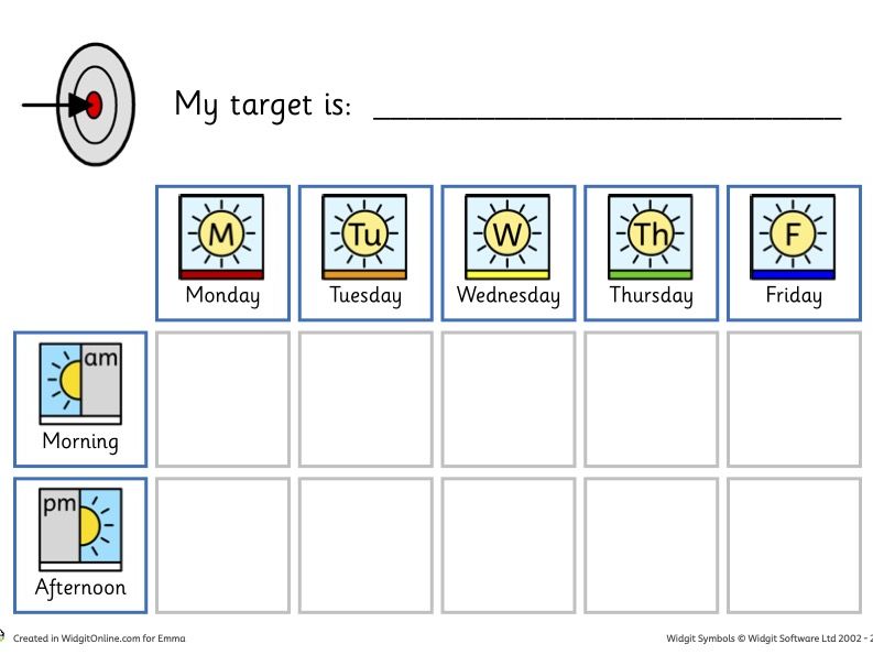 Weekly Target Sheet for Children's Goal Setting, Behavior Chart, Daily Progress Tracker