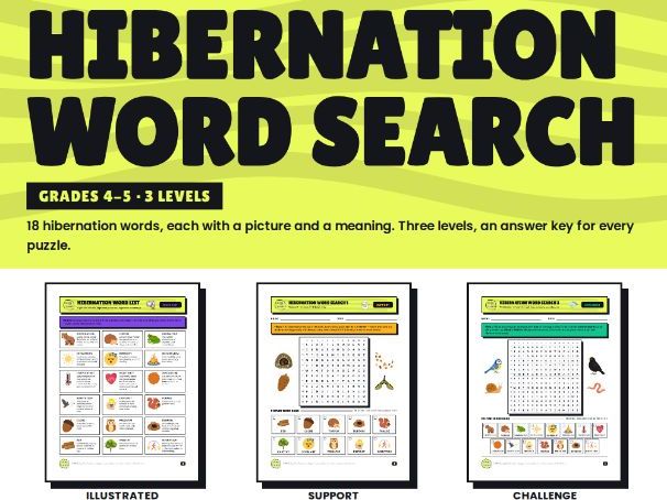 Hibernation Word Search Puzzles with Picture Word Bank | Years 5 and 6 Vocabulary