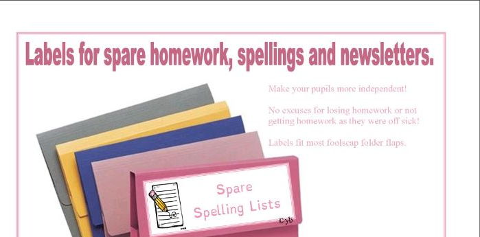 Folder Labels for Spare Homework, Spelling and Newsletters.