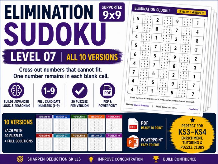 Elimination Sudoku Level 7 Bundle | 10 Versions | 200 Independent 9×9 Logic Puzzles