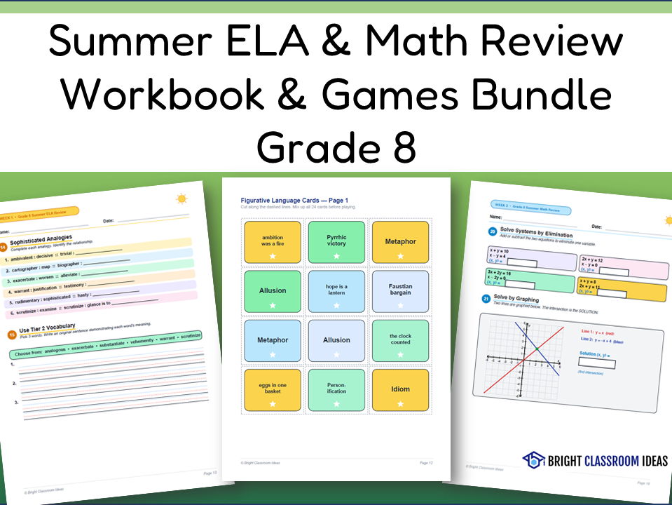 Summer ELA & Math Review Workbook & Games Bundle | Grade 8